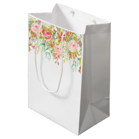Sac Cadeau Moyen Aquarelle rose de roses (Devant Angle)