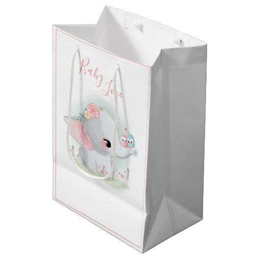 Sac Cadeau Moyen Aquarelle rose Eléphant mignonne Bébé Amour fille (Devant Angle)