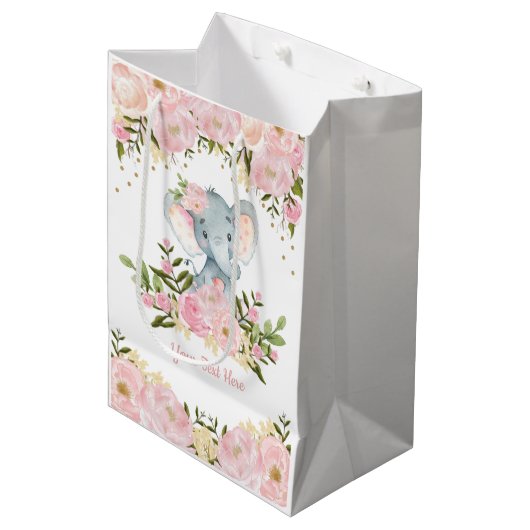 Sac Cadeau Moyen Aquarelle rose féminine de bébé d'éléphant d'or (Devant Angle)