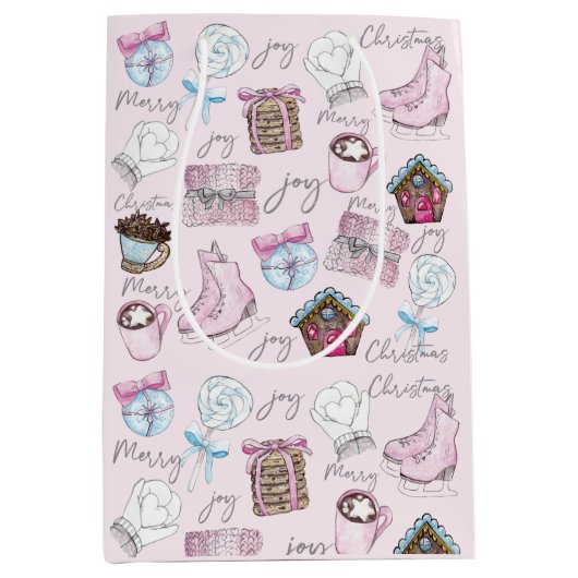 Sac Cadeau Moyen Aquarelle rose Noël mignonne (Devant)