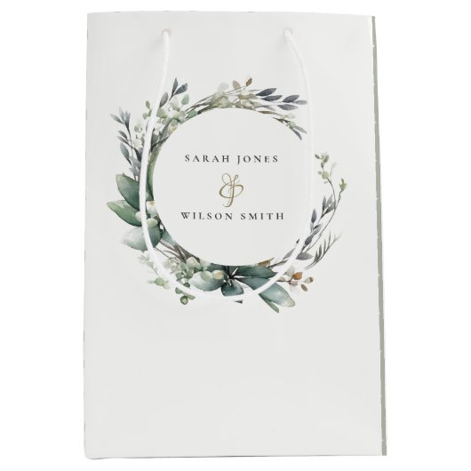 Sac Cadeau Moyen Aquarelle rustique Mariage de serrure vert feuilla (Devant)