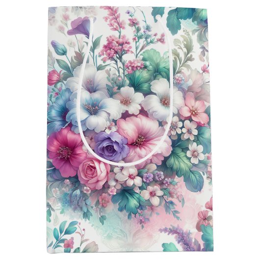 Sac Cadeau Moyen Aquarelle Shabby Chic Floral Anniversaire (Devant)