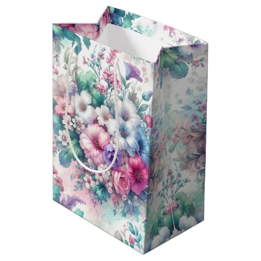 Sac Cadeau Moyen Aquarelle Shabby Chic Floral Anniversaire (Dos Angle)