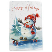 Sac Cadeau Moyen Aquarelle Snowman De Noël Sur Un Ski (Devant)