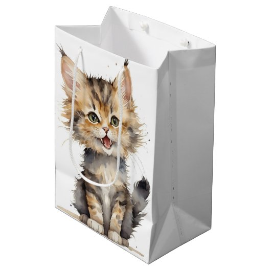 Sac Cadeau Moyen Aquarelle Tabby Kitten Pour Anniversaire (Devant Angle)