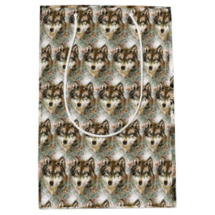 Sac Cadeau Moyen Aquarelle Tête de loup Gris noir blanc