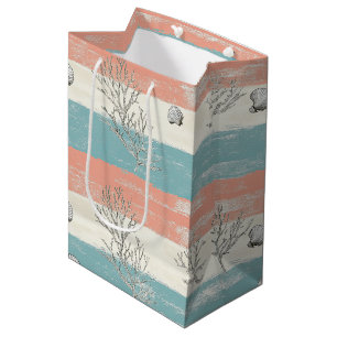 Sac Cadeau Moyen Aquarelle Vagues de Corail et Coquillages Côtiers