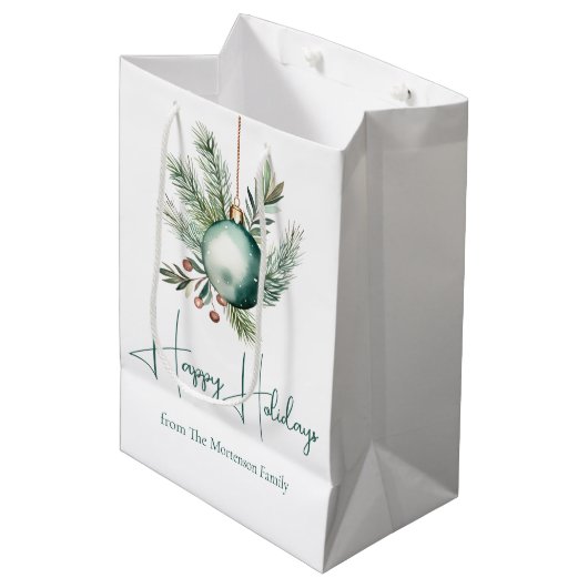 Sac Cadeau Moyen Aquarelle Vert ornement de Noël Joyeux vacances (Devant Angle)