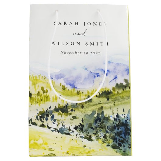 Sac Cadeau Moyen Aquarelle verte Jaune Campagne Hills Mariage (Devant)