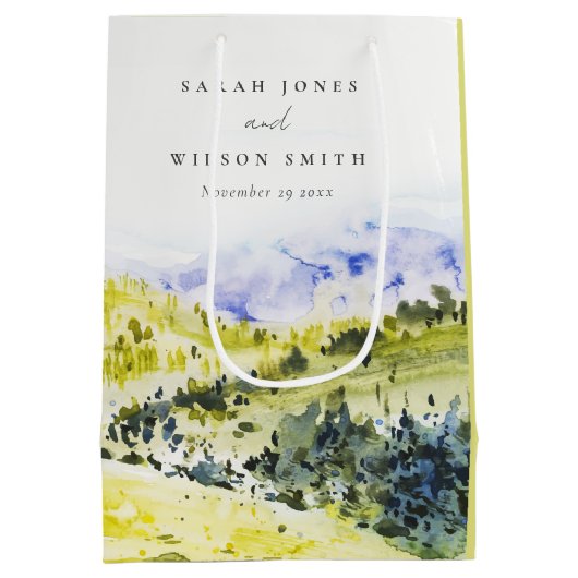 Sac Cadeau Moyen Aquarelle verte Jaune Campagne Hills Mariage (Dos)