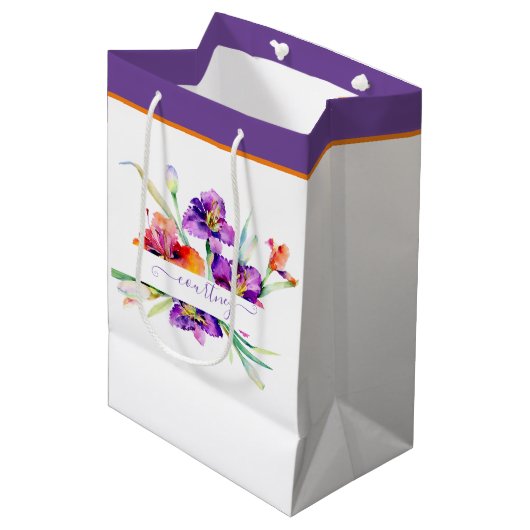 Sac Cadeau Moyen Aquarelle violette Iris personnalisée (Devant Angle)