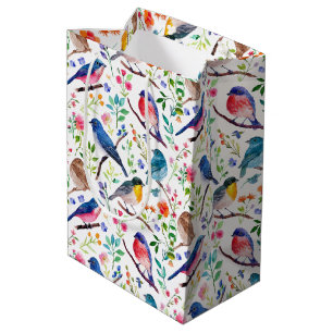 Sac Cadeau Moyen Aquarelles colorées oiseaux et fleurs motif
