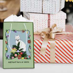 Sac Cadeau Moyen Arbre de Noël drôle et festif Chat blanc drôle Ver