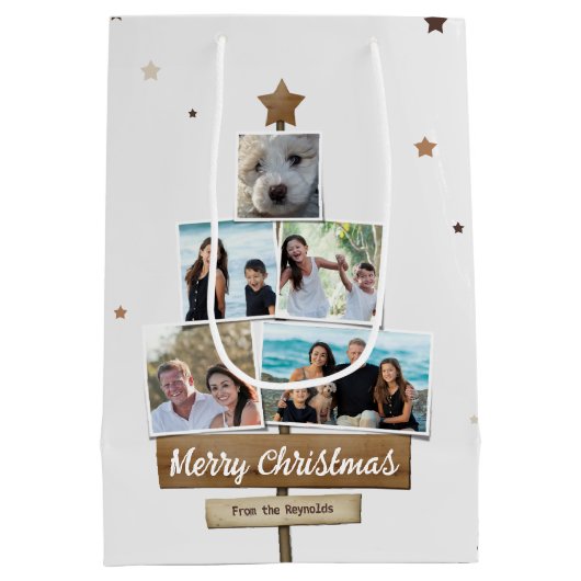Sac Cadeau Moyen Arbre de Noël en bois rustique | 5 Photos Collage (Dos)