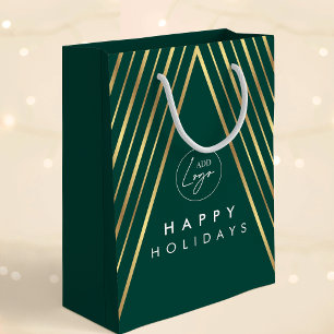 Sac Cadeau Moyen Arbre de Noël Géométrique Vert Or Logo d'Entrepris