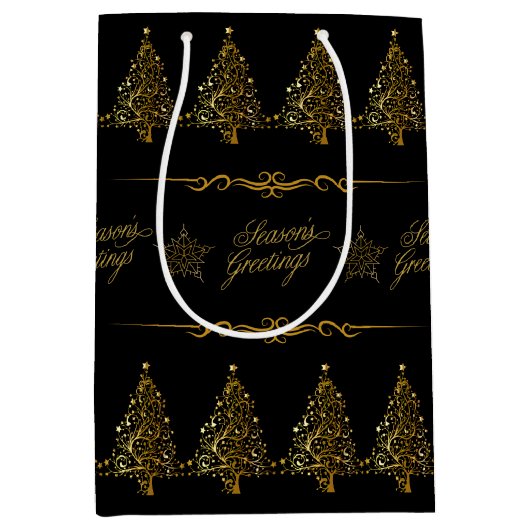 Sac Cadeau Moyen Arbre de Noël Luxueux Élégant Noir Or (Devant)