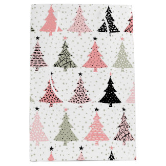 Sac Cadeau Moyen Arbre de Noël rose et vert avec Arrière - plan bla