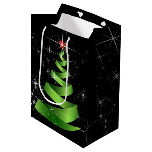 Sac Cadeau Moyen Arbre de Noël vert étincelant (Devant Angle)