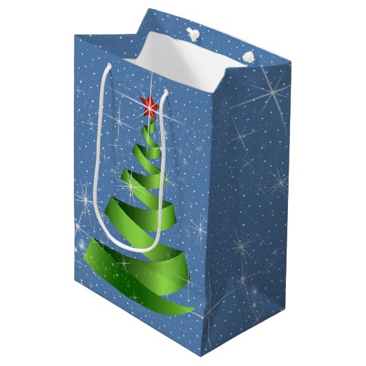Sac Cadeau Moyen Arbre de Noël vert étincelant (Devant Angle)