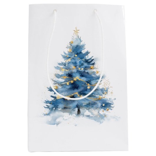 Sac Cadeau Moyen Arbres de Noël Bleu Blanc (Devant)