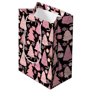 Sac Cadeau Moyen Arbres de Noël rose Motif Black BG