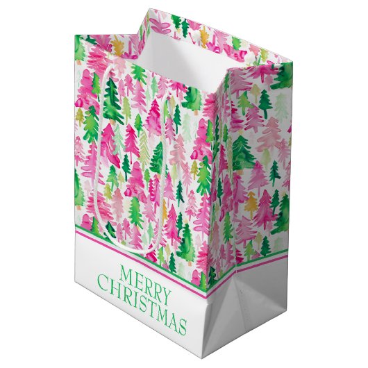 Sac Cadeau Moyen Arbres de Noël roses et verts (Devant Angle)