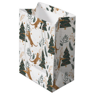 Sac Cadeau Moyen Arbres de Noël & tigres motif coutume arrière-plan