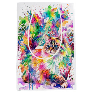 Sac Cadeau Moyen Arc-en-ciel Fantaisiste Chat Fluffy Aquarelle en H
