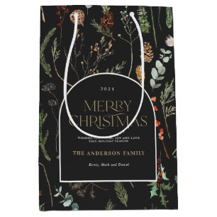 Sac Cadeau Moyen Arche de Noël aquarelle botanique enveloppement fl