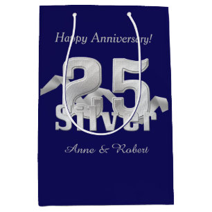 Sac Cadeau Moyen Argent sur Bleu 25e Anniversaire Sac-cadeau moyen