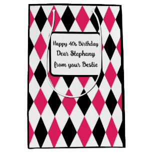 Sac Cadeau Moyen Arlequin Elegant Diamant Géométrique Noir Blanc