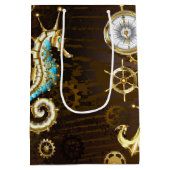 Sac Cadeau Moyen Arrière - plan en bois avec cheval de mer mécaniqu (Dos)