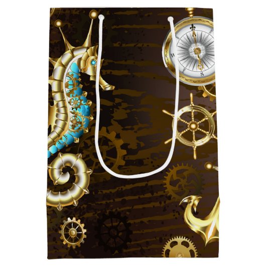 Sac Cadeau Moyen Arrière - plan en bois avec cheval de mer mécaniqu (Dos)