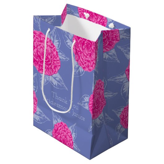 Sac Cadeau Moyen Art de l'encre de Camellia rose chaud rose et bleu (Devant Angle)