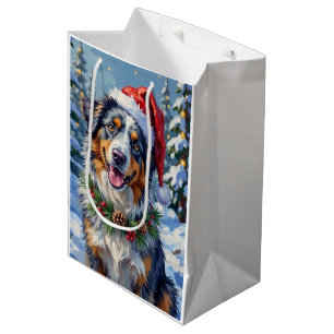 Sac Cadeau Moyen Art de Noël d'hiver Berger Australien Merle