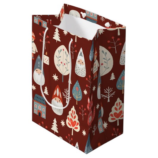 Sac Cadeau Moyen Art populaire scandinave avec génomes de Noël (Devant Angle)