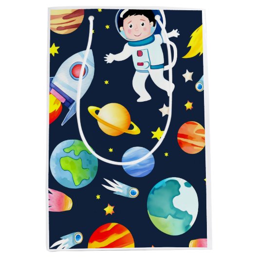 Sac Cadeau Moyen Astronaut in Space Planets and Rockets Pattern (Devant)