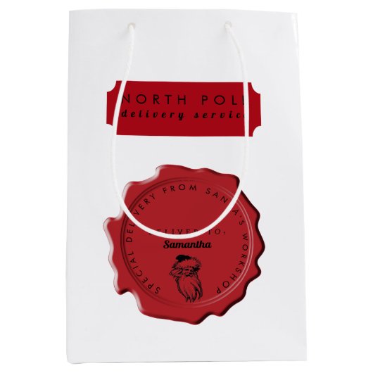 Sac Cadeau Moyen Atelier père Noël Nom personnalisé Timbre de Noël (Devant)