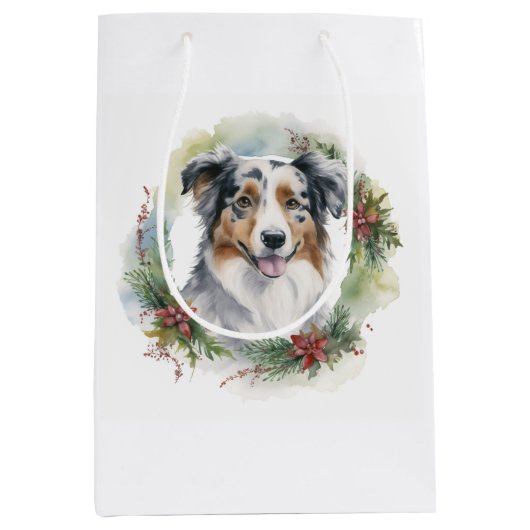Sac Cadeau Moyen Australian Shepherd Christmas Wreath Festive Pup (Devant)