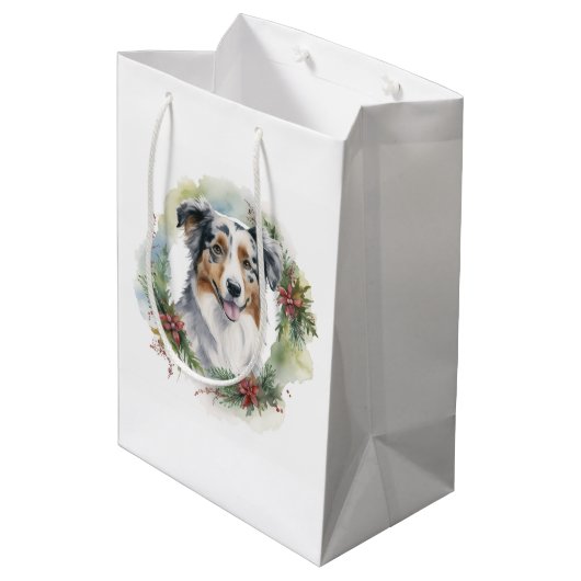 Sac Cadeau Moyen Australian Shepherd Christmas Wreath Festive Pup (Dos Angle)