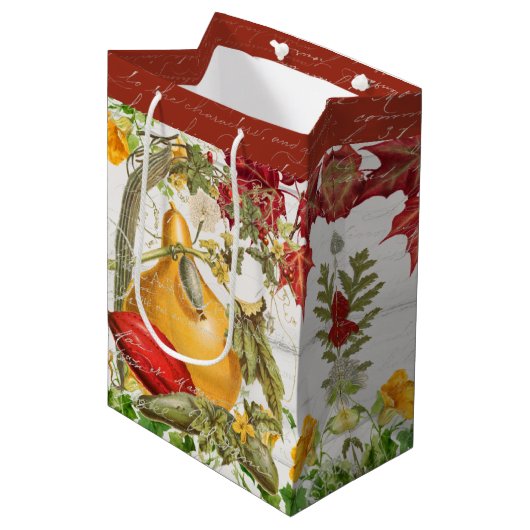 Sac Cadeau Moyen Automne Feuilles Fleur sauvage Citrouille Rustique (Devant Angle)