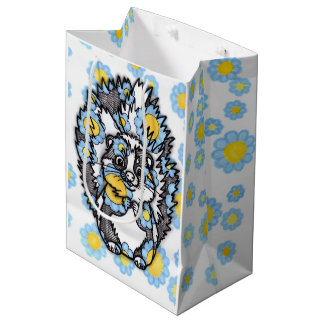 Sac cadeau moyen avec fleurs bleues et mouffette m