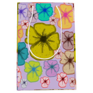 Sac cadeau moyen avec fleurs pastel dessinées à la