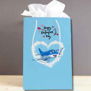 Sac Cadeau Moyen Avion bleu mignon et nuages, Saint-Valentin pour e