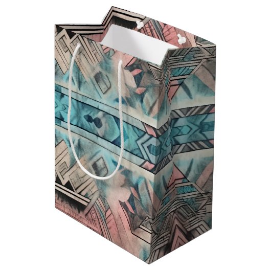 Sac Cadeau Moyen Aztec Sud-Ouest Pastel Rose Et Bleu (Dos Angle)