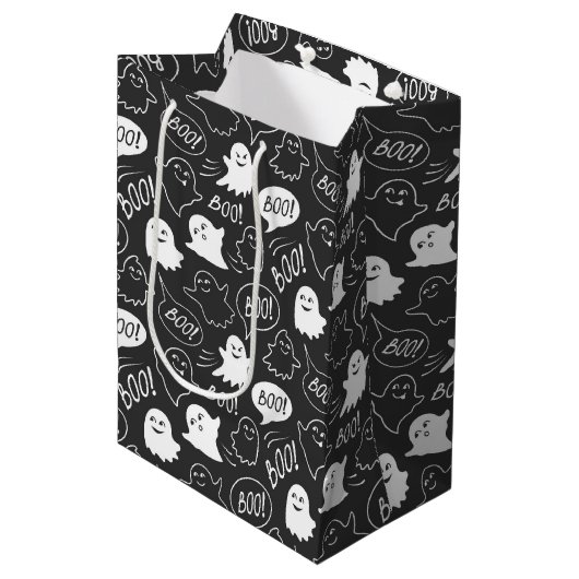 Sac Cadeau Moyen B&W Cute Doodle Halloween Motif (Devant Angle)