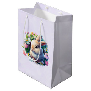 Sac Cadeau Moyen Baby Bunny parmi les fleurs colorées de printemps