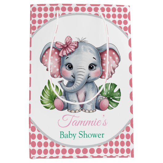 Sac Cadeau Moyen Baby shower Eléphant Rose Bow Cute (Devant)
