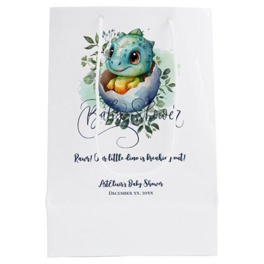 Sac Cadeau Moyen Baby shower Feuille Dinosaur Oeuf Cute Aquarelle (Dos)