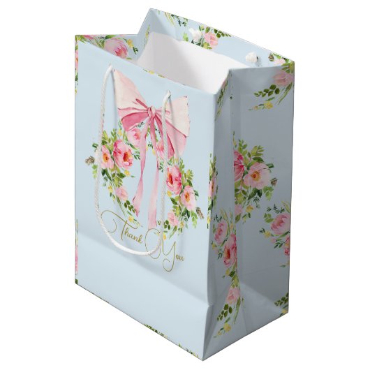Sac Cadeau Moyen Baby shower Floral Pattern Crête Régence Bow Bleu (Devant Angle)